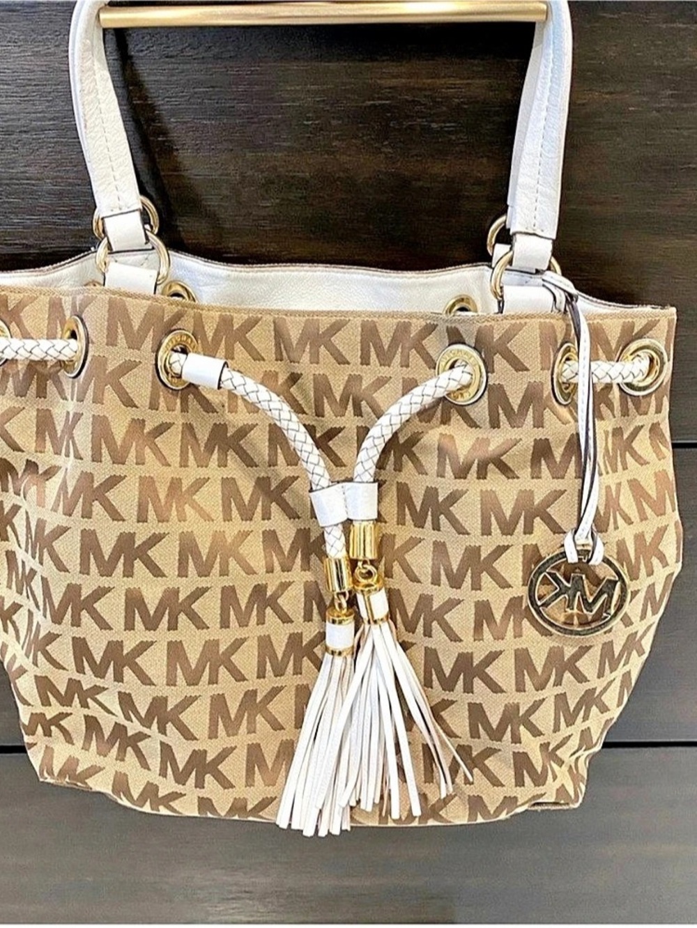 Michael Kors Marina Large Canvas Drawstring Tote Brown & White